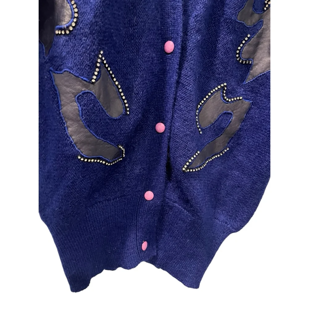 Vintage 80's Vasginie Italian Mohair Artisan Blue Cardigan Size Medium Applique - Picture 4 of 10